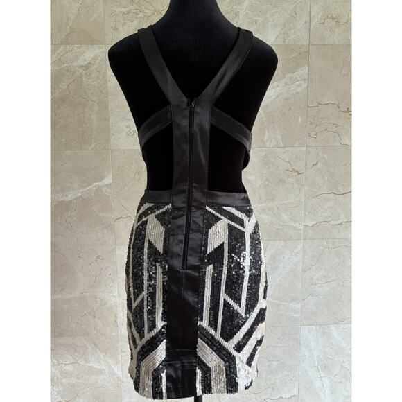 Vintage Y2K Bebe Geo Sequin Cutout Mini Dress - Small Black Cream Party Clubwear - Picture 5 of 7